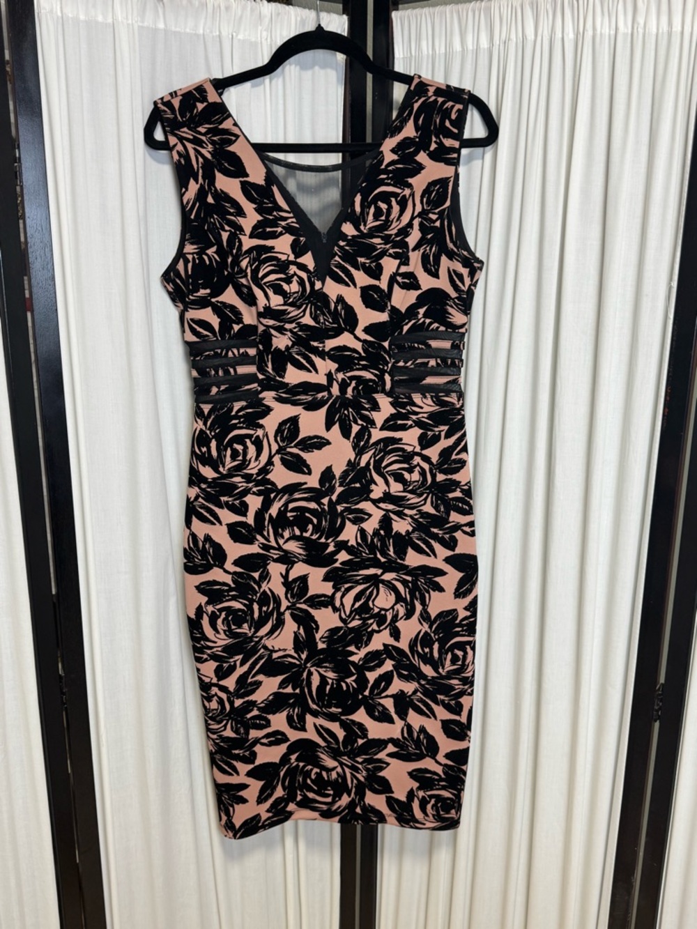 Enfocus Studio Blush Pink and Black Floral V-Neck Midi Dress
